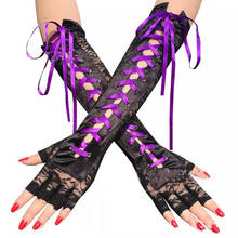 Guantes de encaje Punk para mujer, manoplas con ojal, cinta Lolita hueca, sin dedos, color negro, blanco y morado, 2021 2024 - compra barato