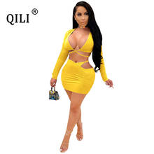 QILI Women Top + Skiry Two Piece Sets Autumn Full Sleeve sexy Bare Chest Hollow Out Solid Color Outfits Lady Night Club Wear 2024 - buy cheap
