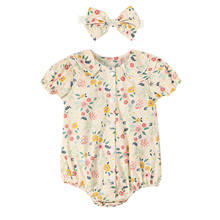 Novo macacão de bebê feminino, macacão com manga curta e tiara, moda verão floral com botões e sapo 2024 - compre barato