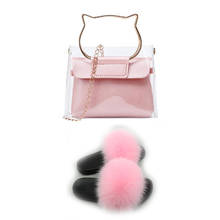 Furry Woman Slippers And Transparent Purse Sets Extra Fluffy Slides For Women With Matching Purses Real Fox Fur Shoes And Bags 2024 - buy cheap