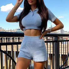 Party Two Piece Set 2020 Summer Blue Knit Crop Top V Neck Short Sleeve Gym Set Mini Bodycon Shorts Casual Women Outfit Sport 2024 - buy cheap