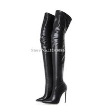New Back Zipper Thin Leg Long Boots Woman Sexy Pointed Toe Black Leather Stiletto Heel Over the Knee Boots Lady Winter Boots 2024 - buy cheap