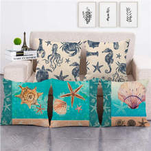 Funda de almohada de lino/algodón para decoración del hogar, cubierta de cojín con diseño de animales marinos y cangrejo, con acuarela hermosa, 45cm x 45cm 2024 - compra barato