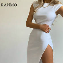 Женское облегающее платье-миди RANMO, с коротким рукавом, круглым вырезом и разрезом, однотонные черные, белые вечерние платья на лето 2024 - купить недорого