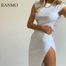 RANMO-vestido de verano de manga corta, ceñido al cuerpo, Sexy, con cuello redondo y abertura de manga corta, liso, blanco y negro, para fiesta 2024 - compra barato