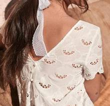 Cotton Women Buttoned V Back Hollow Out Embroidered Top - Female White/Black Short Sleeve Shirt Top 2024 - buy cheap