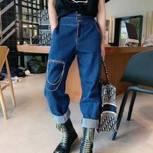 Calça jeans feminina cintura alta larga, peça jeans feminina estilo safari folgada com retalho patchwork 2024 - compre barato
