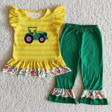 Conjunto de ropa de Boutique para niños y niñas, camisa de manga corta a rayas amarillas, pantalones con volantes y flores verdes, venta al por mayor 2024 - compra barato