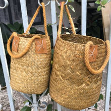 Seagrass Woven Basket for Flowers Household Storage Pot Garden Flower Vase Hanging Basket With Handle Storage Organizer