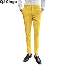 Ouro amarelo listrado terno calças masculinas moda magro calças festa de casamento calça bege rosa pantalones hombre tamanho 28-35 2024 - compre barato