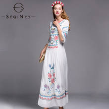 SEQINYY Elegant Long Dress 2020 Spring Autumn New Fashion Design Half Flare Sleeve Flowers Embroidery High Quality Maxi Dress 2024 - buy cheap