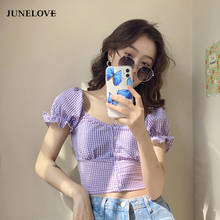 JuneLove Plaid verano Vintage Tops cortos Blusas Mujer De Moda Top corto ajustado mujeres cuadrado Collar Blusas Puff manga camisas nuevo 2024 - compra barato