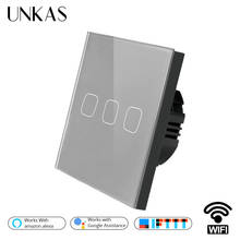 UNKAS Gray Luxury Crystal Glass ewelink Smart Home 3 Gang 1 way Wireless WiFi EU Standard Touch Switch Wall Light Switch 2024 - buy cheap