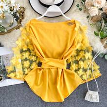 2020 Summer Women Lace Floral Blouse Mesh Flare Sleeve O Neck Shirt Ladies Shirts Solid Color Women Tops And Blouses JW9278 2024 - buy cheap