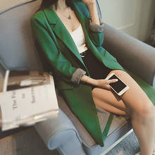 Blazer feminino longo com manga comprida, jaqueta verde e preta, justa, coreana 2024 - compre barato