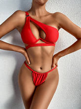 Sexy Underwire Bikini 2021 Women One Shoulder Solid Red Hollow Out Push Up Bra Swimsuit Brazilian Bathing Suit Thong Swimwear 2024 - buy cheap