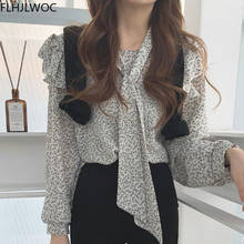 Шикарные корейские Топы Blusas женские модные Flhjlwoc с цветочным принтом винтажные Ретро Блузки с галстуком-бабочкой 2024 - купить недорого