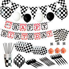 Vajilla desechable con temática de coche de carreras para niños, decoración para fiesta de cumpleaños, suministros para Baby Shower, bandera a cuadros en blanco y negro 2024 - compra barato