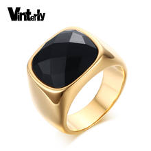 Vinterly Men's Large Black Stone Ring Gold-color Stainless Steel Engagement Wedding Bands Rings for Men Jewelry 2024 - buy cheap