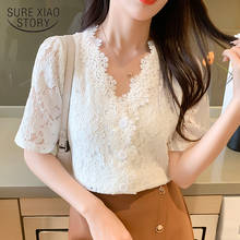 2021 Summer New Vintage Short Sleeve Women's Shirt V-neck Solid Ladies Tops Korean Chic Crochet Lace Chiffon Blouse Women 14436 2024 - buy cheap