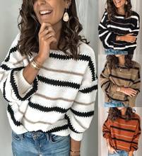 Зимний белый вязаный женский свитер с круглым вырезом, полосатый свитер с цветными вставками, пуловер с длинным рукавом, женская вязаная одежда, повседневная женская одежда 2024 - купить недорого