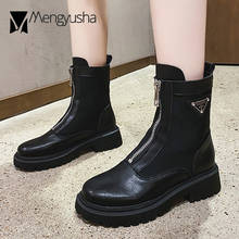 Front Zipper riding boots women metal logo chelsea botas pu leather platform shoes woman british chunky heels mid-calf booties 2024 - buy cheap