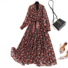 Spring Vestidos Fashion V 2020 Neck Long Sleeves Women Chiffon Floral Printed Plus Size Bow Tie Belt Maxi Dress 2024 - buy cheap