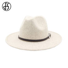 FS Beige White Fedora Hat Women Wool Felt Hats Men Wide Brim Jazz Church Panama Hat Black Gentleman Sombrero Cap Leather Ribbon 2024 - buy cheap