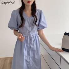 Women Dress Summer Solid Single Breasted V-neck Korean Style Ladies Short Sleeve Loose High Waist Loose All-match Trendy Femme 2024 - buy cheap