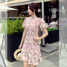 2021 Summer Bodycon Party Dress Flower Print Vintage Cheongsam Dress Women Short Sleeve Mandarin Collar Slim Elegant Dresses 2024 - buy cheap