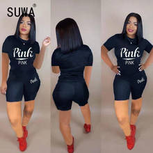 hot popular women set pink letter print summer short sleeve 2 pieces top and shorts set lady tracksuit 2024 - buy cheap