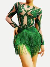 Long Sleeves Outfit Bodysuit Green Rhinestone Fringe Spandex Bodysuit Birthday Celebrate  Women Dancer Singer Show Wear 2024 - buy cheap