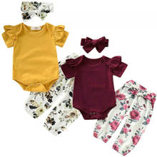 Комплект детской одежды из 3 предметов, в наличии, топ для новорожденных девочек, боди с цветочным принтом и штаны, повязка на голову 2024 - купить недорого
