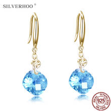 SILVERHOO Earrings For Women 925 Sterling Silver Trendy Blue Geometry Square Cubic Zirconia Golden Drop Earring Silver Jewelry 2024 - buy cheap