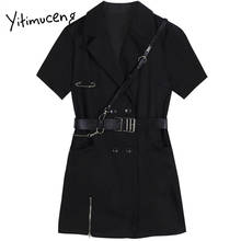 Милое женское мини-платье Yitimuceng с поясом, трапециевидная однотонная черная Весенняя модель 2021 года, с отложным воротником и коротким рукавом, с высокой талией, для французских офисных дам 2024 - купить недорого