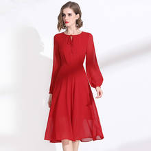 Red Dress 2021 Ladies Spring Hollow Out Lace-up Round Neck Long Sleeves Slim A-Line Classy Chiffon Dress Over The Knees M-XXL 2024 - buy cheap