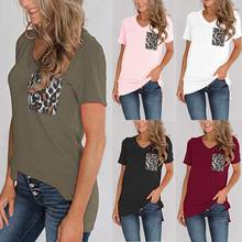 Женская леопардовая футболка с карманом, летняя футболка со сплошным коротким рукавом, хлопковая футболка с v-образным вырезом, Повседневные базовые Топы, футболка женска 2020 2024 - купить недорого