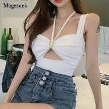 2021 Summer Sexy Style Women Tops Vintage Hanging Neck Sleeveless Blouse Solid Hollow Out Short Sleeve Shirt Blusa Mujer 14434 2024 - buy cheap