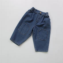 Новинка Осень 2020, детские джинсовые брюки для малышей, повседневные джинсы в Корейском стиле для маленьких мальчиков с нашивками в стиле ретро, детская одежда 2024 - купить недорого