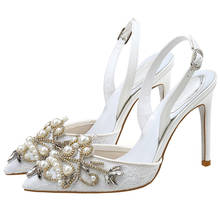 Romantic Pearl Rhinestone Embellished Lace Wedding Sandals Ladies Back Strap Pointed Toe Women Crystal High Heel Party Pumps 2024 - buy cheap