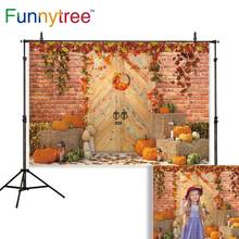 Funnytree backdrop photography studio Autumn haystack maple ripe pumpkin wooden door brick wall photocall photobooth background 2024 - buy cheap