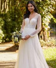 Long Sleeve Wedding Dress Sparkly V-Neck Elegant 2021 A-Line Shinny Luxury Crystal Beading Bridal Gown Robe De Mariee White 2024 - buy cheap