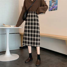 Split Plaid Autumn and Winter Women's High Waist A- line Skirt Half-Length Skirt Woman Skirts Faldas Jupe 2024 - buy cheap