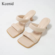Kcenid sandálias femininas de salto alto, sapatos de verão da moda com dedo quadrado, slip-on, damasco, 2021 2024 - compre barato