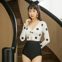 Женский слитный купальник с пуш-апом, пикантный корейский купальник с высокой талией, винтажный, стройнящий, с длинным рукавом, 2021 2024 - купить недорого