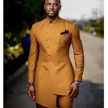 African Golden Satin Slim Fit Men Suit Wedding Groom Tuxedos Bridegroom mens Suits Front Button Best Man Prom Blazer Jacket+Pant 2024 - buy cheap
