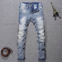 Italian Style Fashion Men Jeans Retro Light Blue Elastic Cotton Slim Fit Distressed Jeans Vintage Designer Casual Denim Pants 2024 - buy cheap