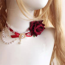 Colgante gótico de Lolita rosa para mujer, Gargantilla con lazo, cadena de perlas, collar D669 2024 - compra barato