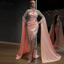Pink Dubai Beading Crystals Evening Gowns Floor Sleeves 2021 Aftican Moroccan Kaftans Prom Dresses Vestidos De Festa Party Gowns 2024 - buy cheap