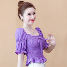 Plaid Purple Tunics Korean Fashion Summer Women'S Clothing Short Sleeve Vintage Shirts Blouse Top New Vetement Femme 2021 Female 2024 - buy cheap